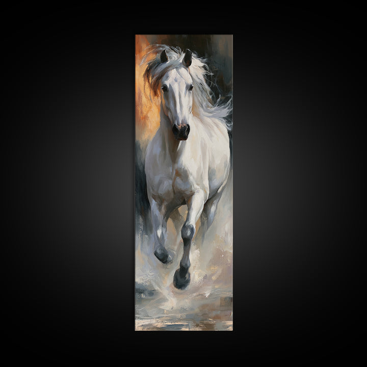 White Horse Running Through Shallow Water Canvas Print, Equestrian Art, Room Decor, Living Room Decor, Fine Art, Equestrian, EQU-1x3-17
