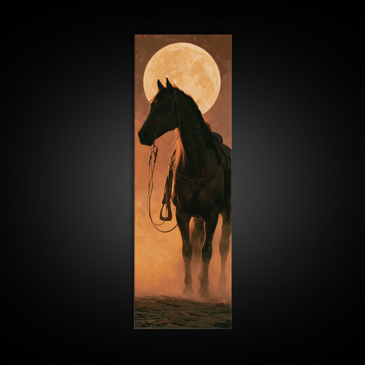 Horse Silhouette under a Huge Western Moon Framed Canvas Print, Equestrian Art, Home Decor, Living Room Decor, Equestrian, EQU-1x3-52