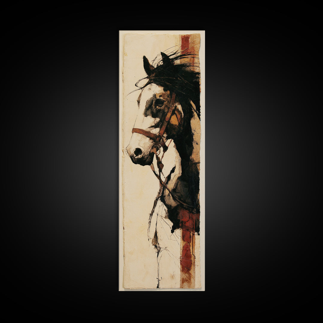 Minimal Horse Contour Drawing on Cream Paper Canvas Print, Equestrian Art, Oil Painting, Living Room Decor, Equestrian, EQU-1x3-73