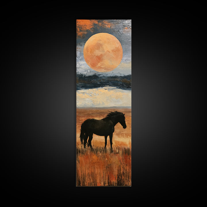 Horse Silhouette under a Huge Western Moon Framed Canvas Print, Equestrian Art, Living Room Decor, Oil Painting, Equestrian, EQU-1x3-76