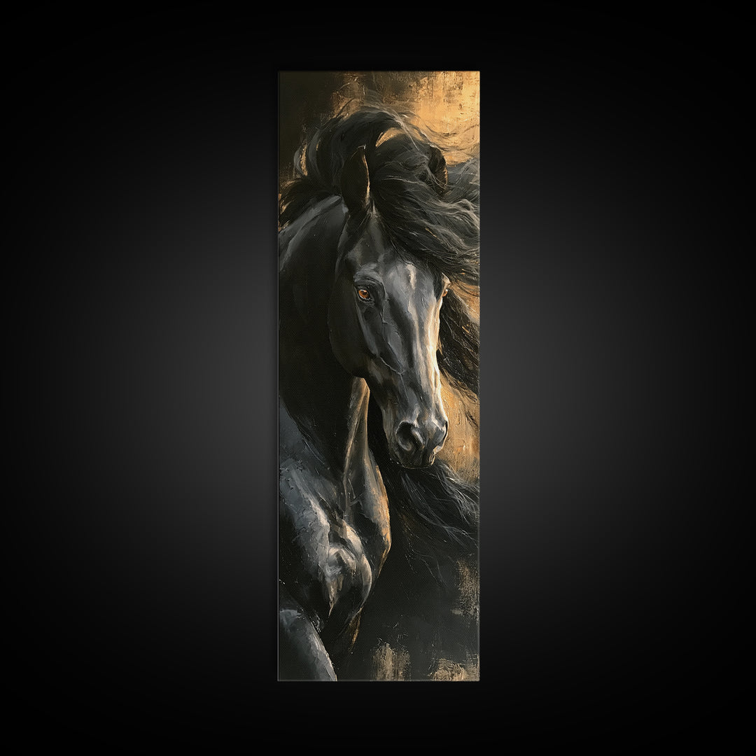 Black Horse Portrait on Deep Charcoal Background Canvas Print, Equestrian Art, Luxury Decor, Living Room Decor, Equestrian, EQU-1x3-86