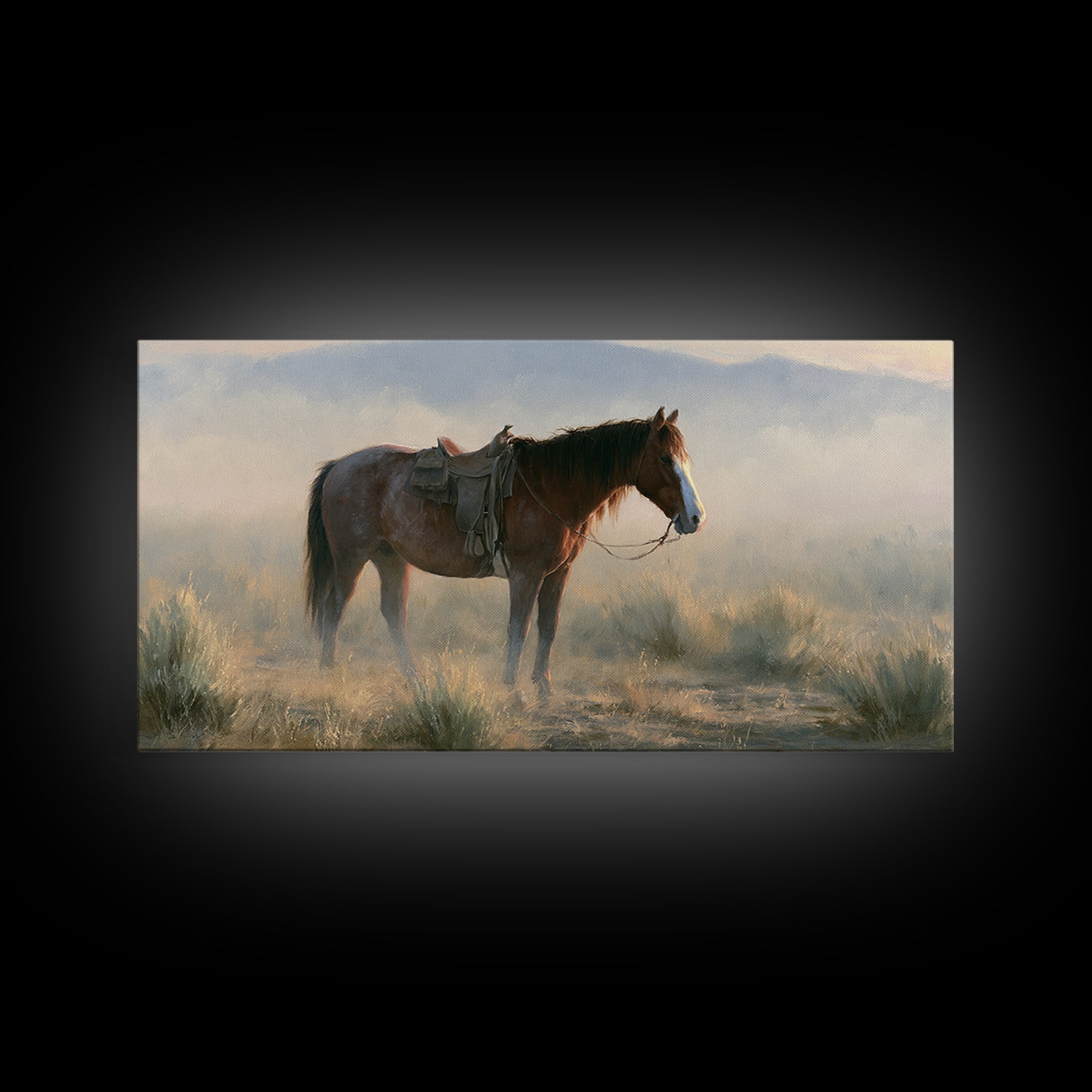 Horse in Misty Pasture with Peaceful Mood Canvas Print, Equestrian Art, Statement Artwork, Living Room Decor, Equestrian, EQU-2x1-20
