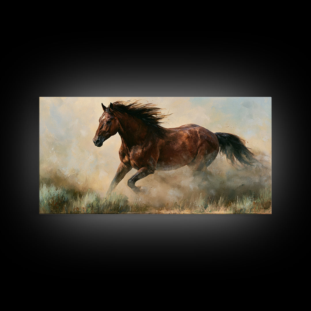 Galloping Horse in Golden Dust and Sunlight Canvas Print, Equestrian Art, Wall Art, Living Room Decor, Oil Painting, Equestrian, EQU-2x1-21