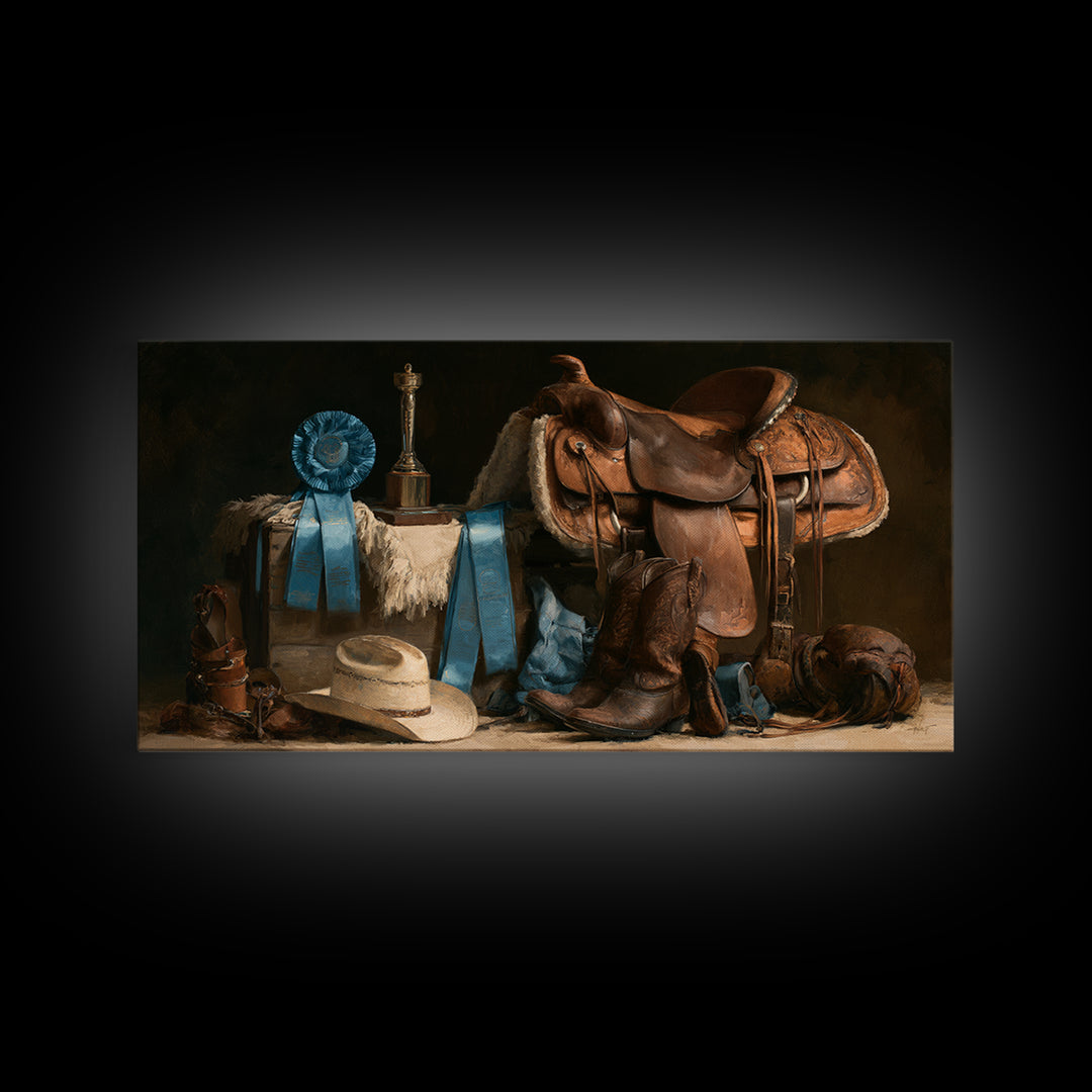 Blue Ribbon and Saddle Competition Still Life Canvas Print, Equestrian Art, Minimalist Decor, Living Room Decor, Equestrian, EQU-2x1-37
