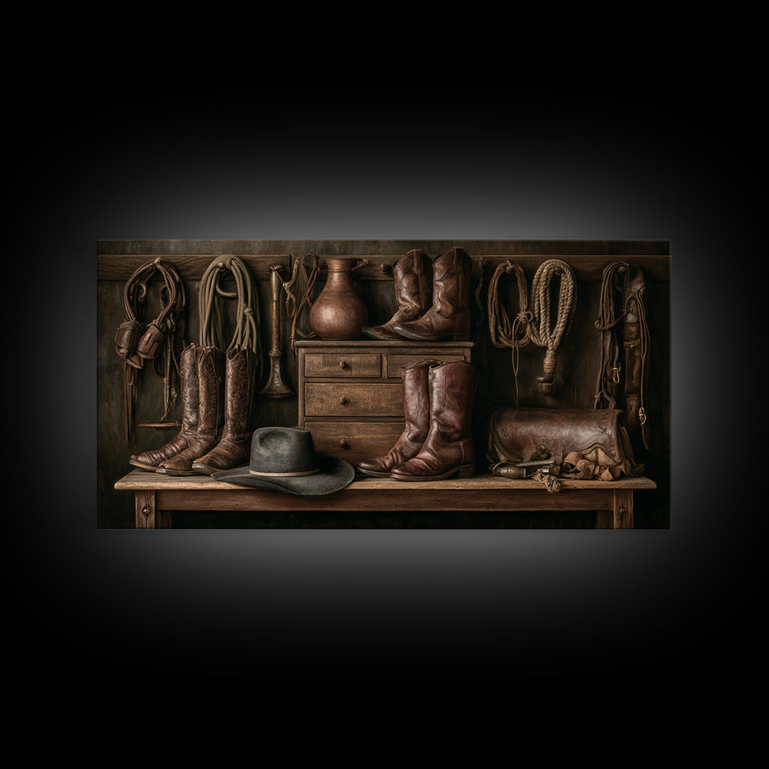 Stable Tools Arranged Like Old Master Still Framed Canvas Print, Equestrian Art, Retro Poster, Living Room Decor, Equestrian, EQU-2x1-67