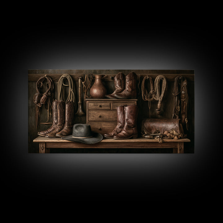 Stable Tools Arranged Like Old Master Still Framed Canvas Print, Equestrian Art, Retro Poster, Living Room Decor, Equestrian, EQU-2x1-67