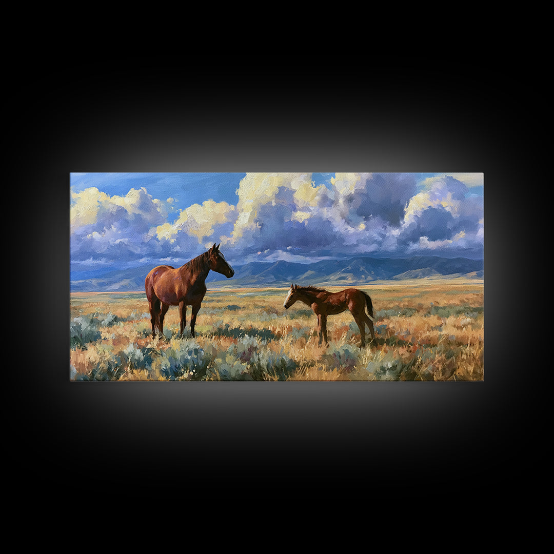 Horse and Foal Framed Canvas Print, Equestrian Art, Modern Wall Art, Living Room Decor, Oil Painting, Equestrian, Western Art, EQU-2x1-80