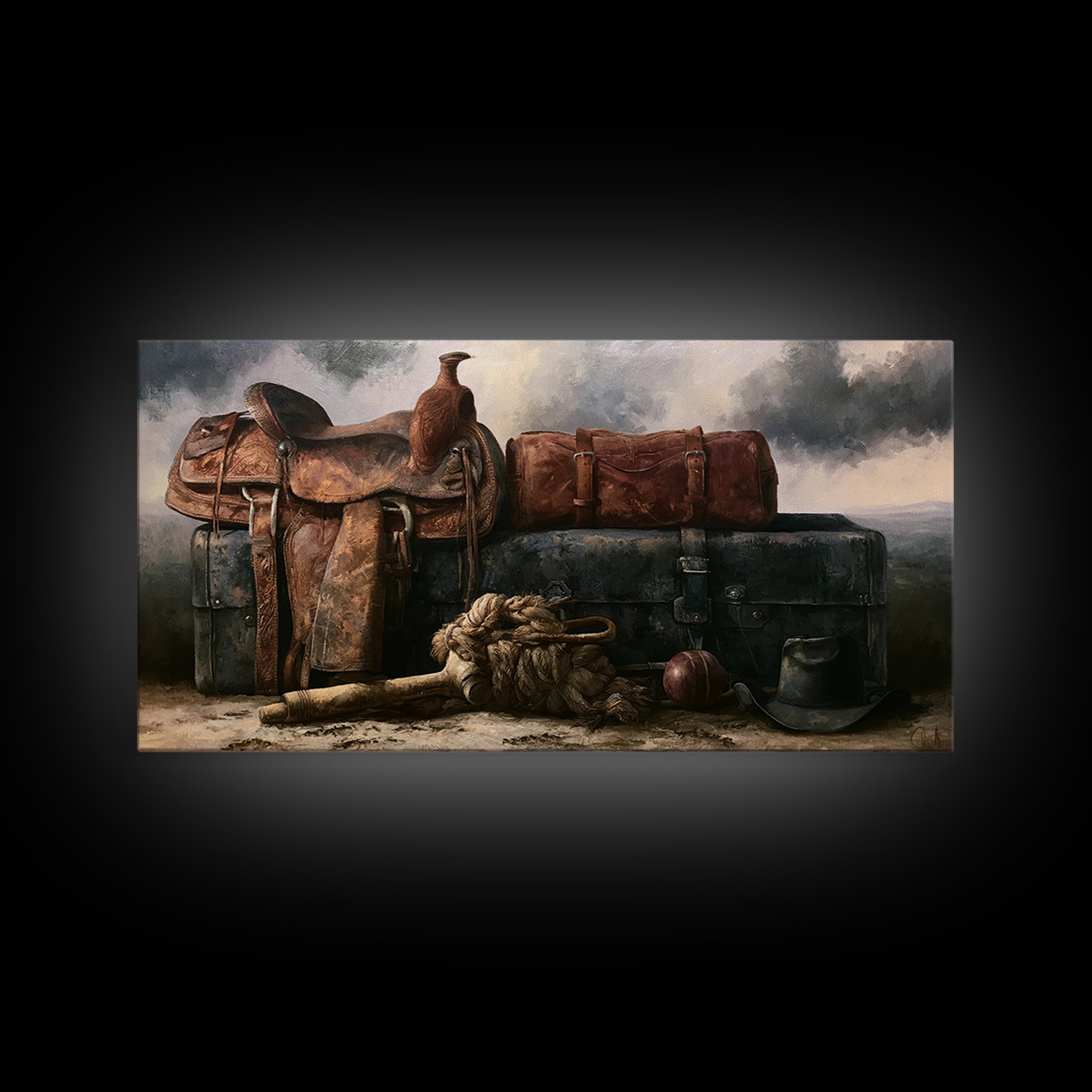 Stable Tools Arranged Like Old Master Still Framed Canvas Print, Equestrian Art, Large Wall Art, Living Room Decor, Equestrian, EQU-2x1-91