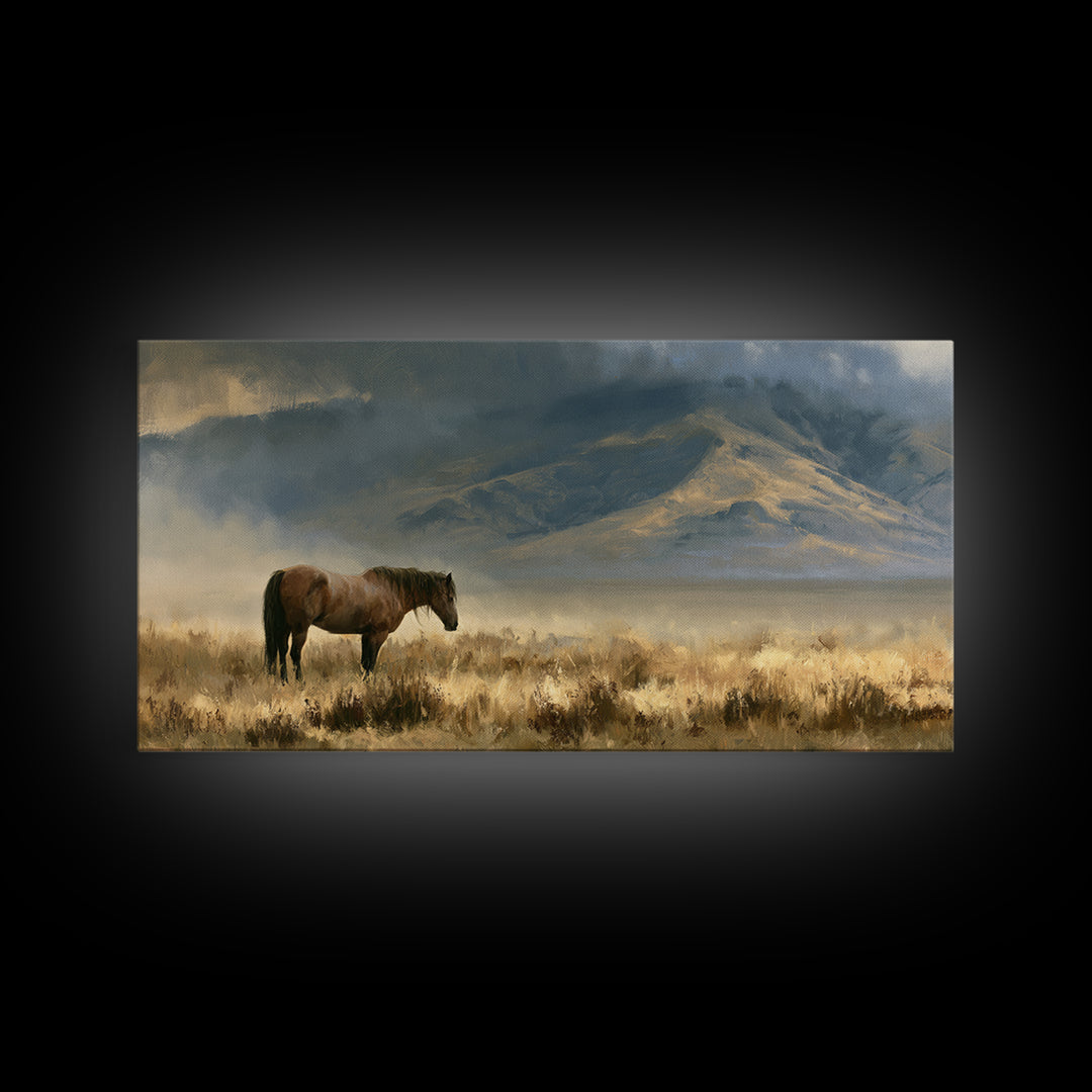 Horse in Misty Pasture with Peaceful Mood Canvas Print, Equestrian Art, Boho Wall Art, Living Room Decor, Equestrian, EQU-2x1-92