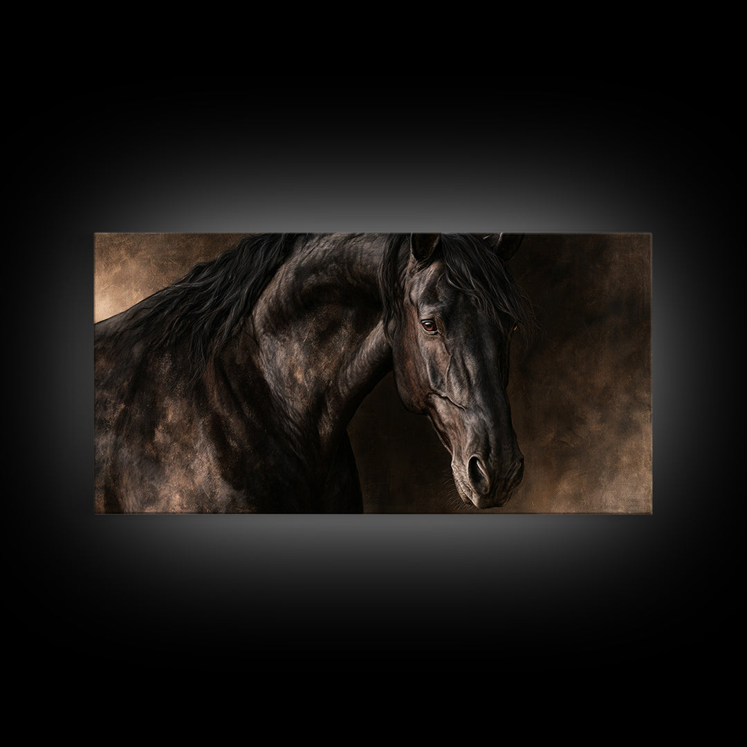 Black Horse Portrait on Deep Charcoal Background Canvas Print, Equestrian Art, Wall Decor, Living Room Decor, Equestrian, EQU-2x1-94