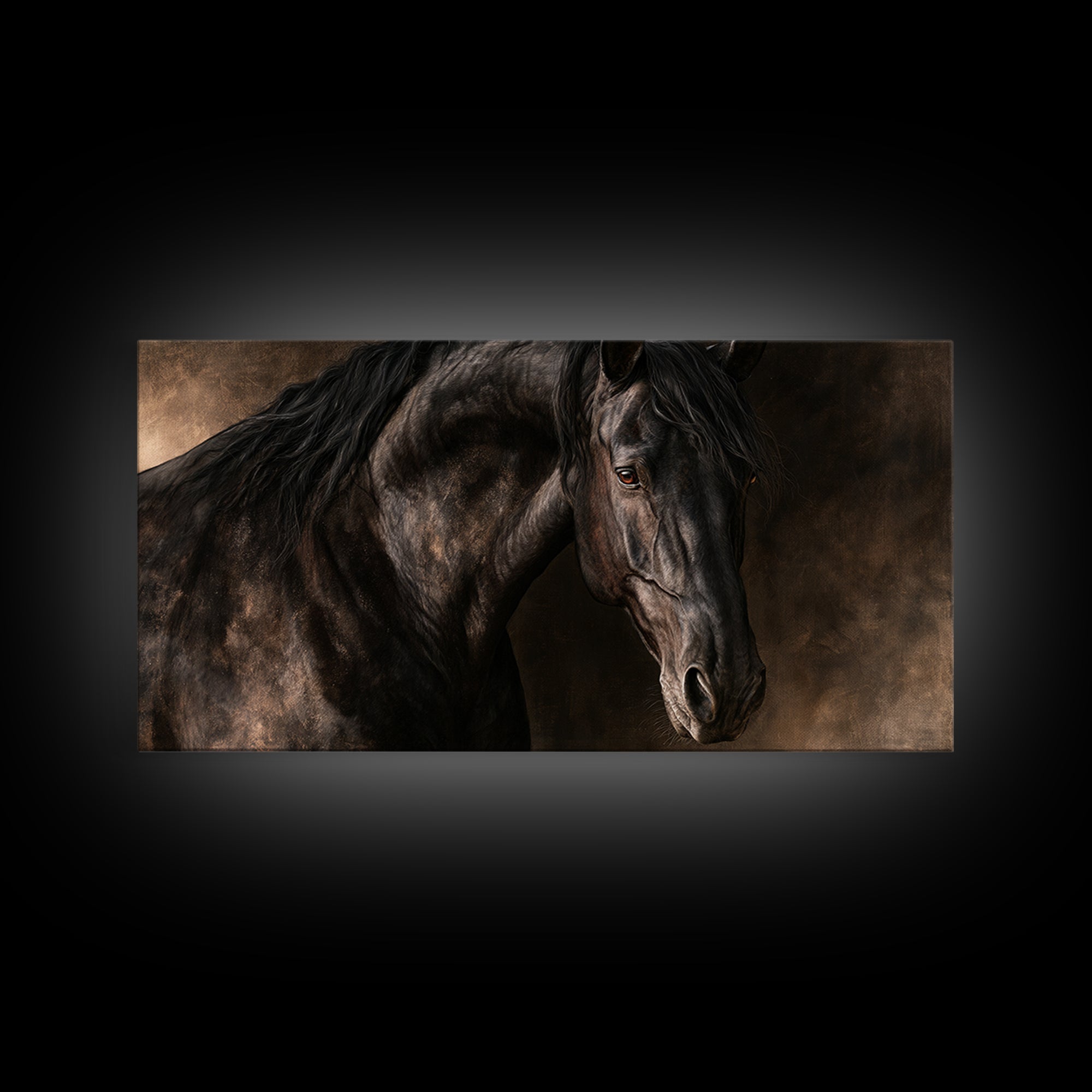 Black Horse Portrait on Deep Charcoal Background Canvas Print, Equestrian Art, Wall Decor, Living Room Decor, Equestrian, EQU-2x1-94