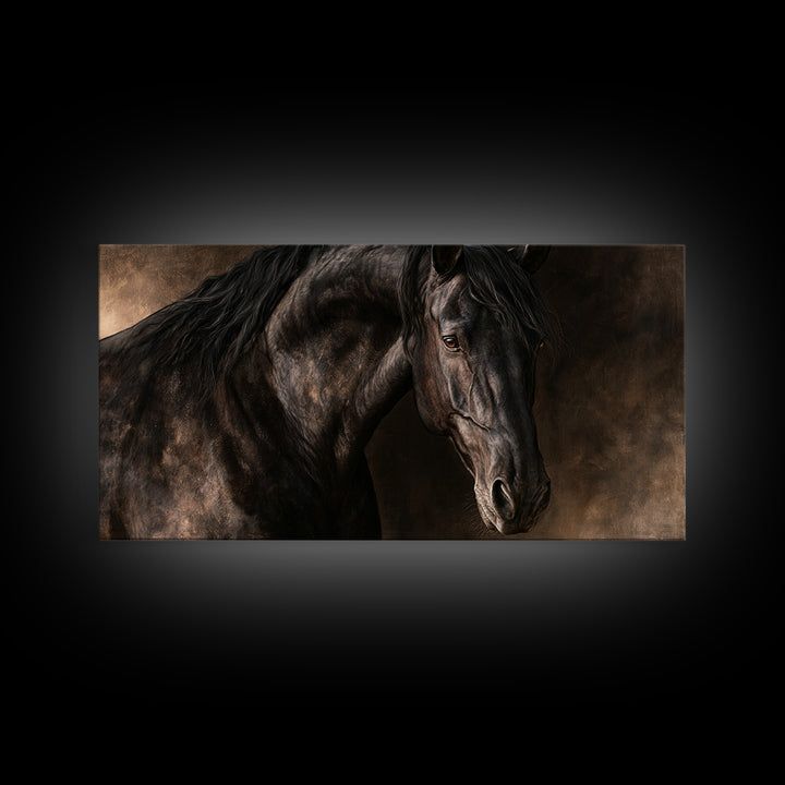 Black Horse Portrait on Deep Charcoal Background Canvas Print, Equestrian Art, Wall Decor, Living Room Decor, Equestrian, EQU-2x1-94