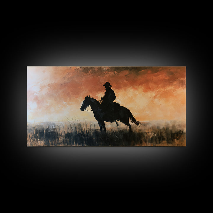 Equestrian Rider Silhouette at Sunrise Framed Canvas Print, Equestrian Art, Western Art, Living Room Decor, Equestrian, EQU-2x1-95