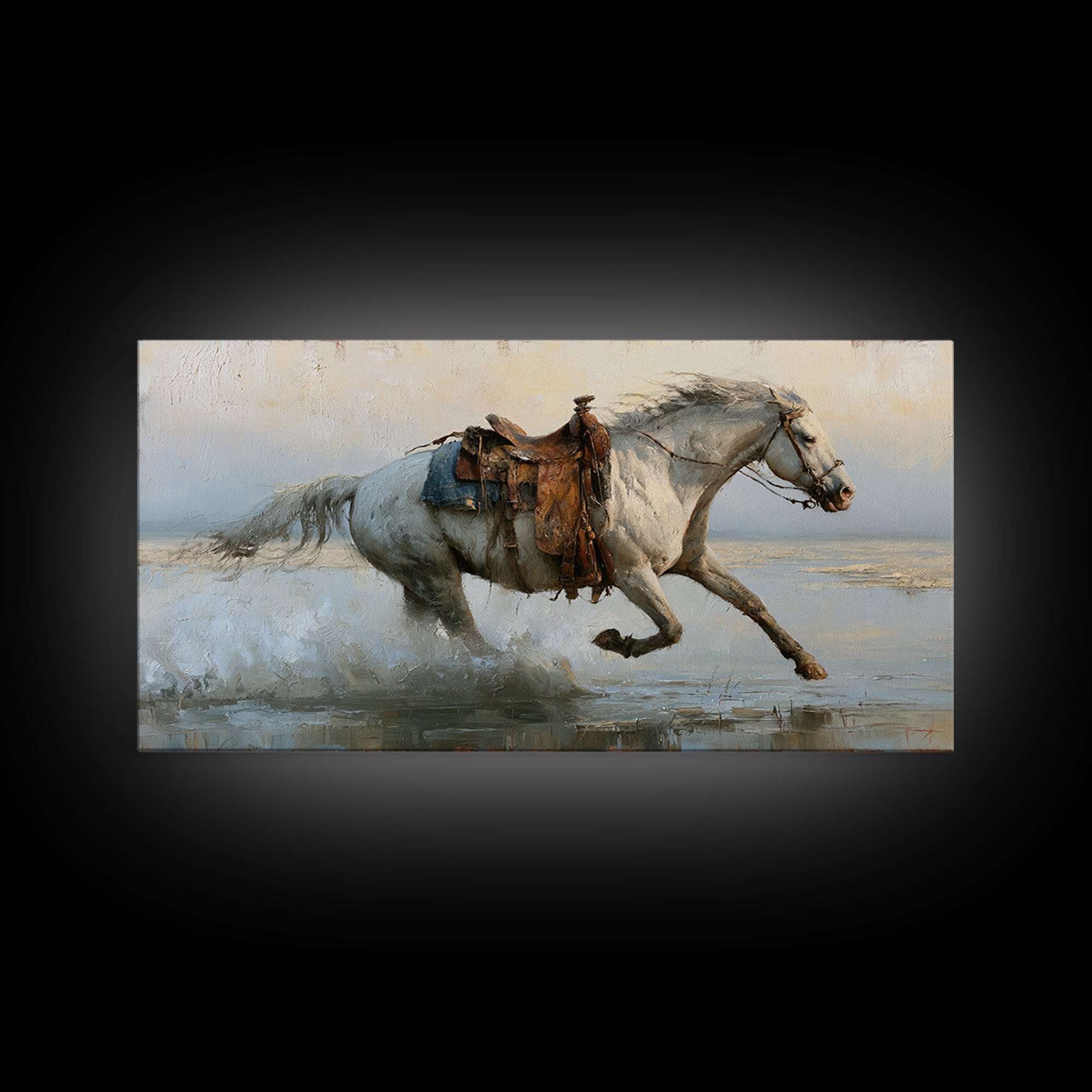 White Horse Running Through Shallow Water Framed Canvas Print, Equestrian Art, Living Room Decor, Fine Art, Equestrian, EQU-2x1-97