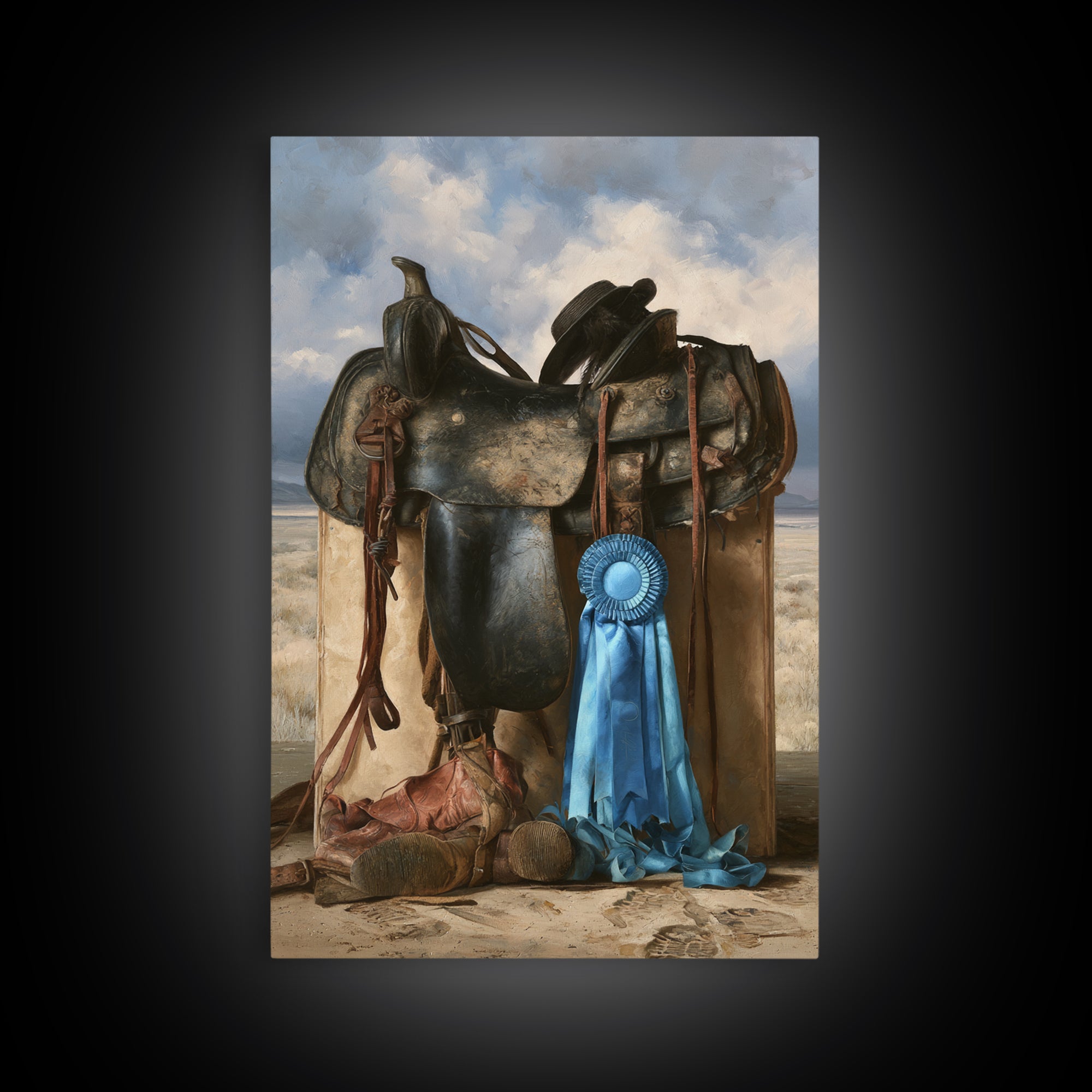 Blue Ribbon and Saddle Competition Still Life Framed Canvas Print, Equestrian Art, Wall Art, Living Room Decor, Equestrian, EQU-2x3-1
