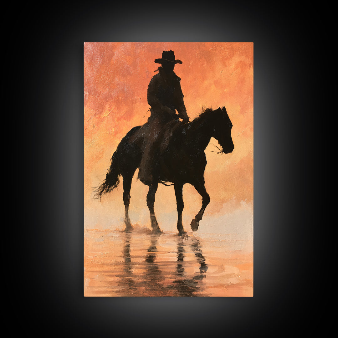 Equestrian Rider Silhouette at Sunrise Canvas Print, Equestrian Art, Antique Oil Painting, Living Room Decor, Abstract Art, EQU-2x3-11