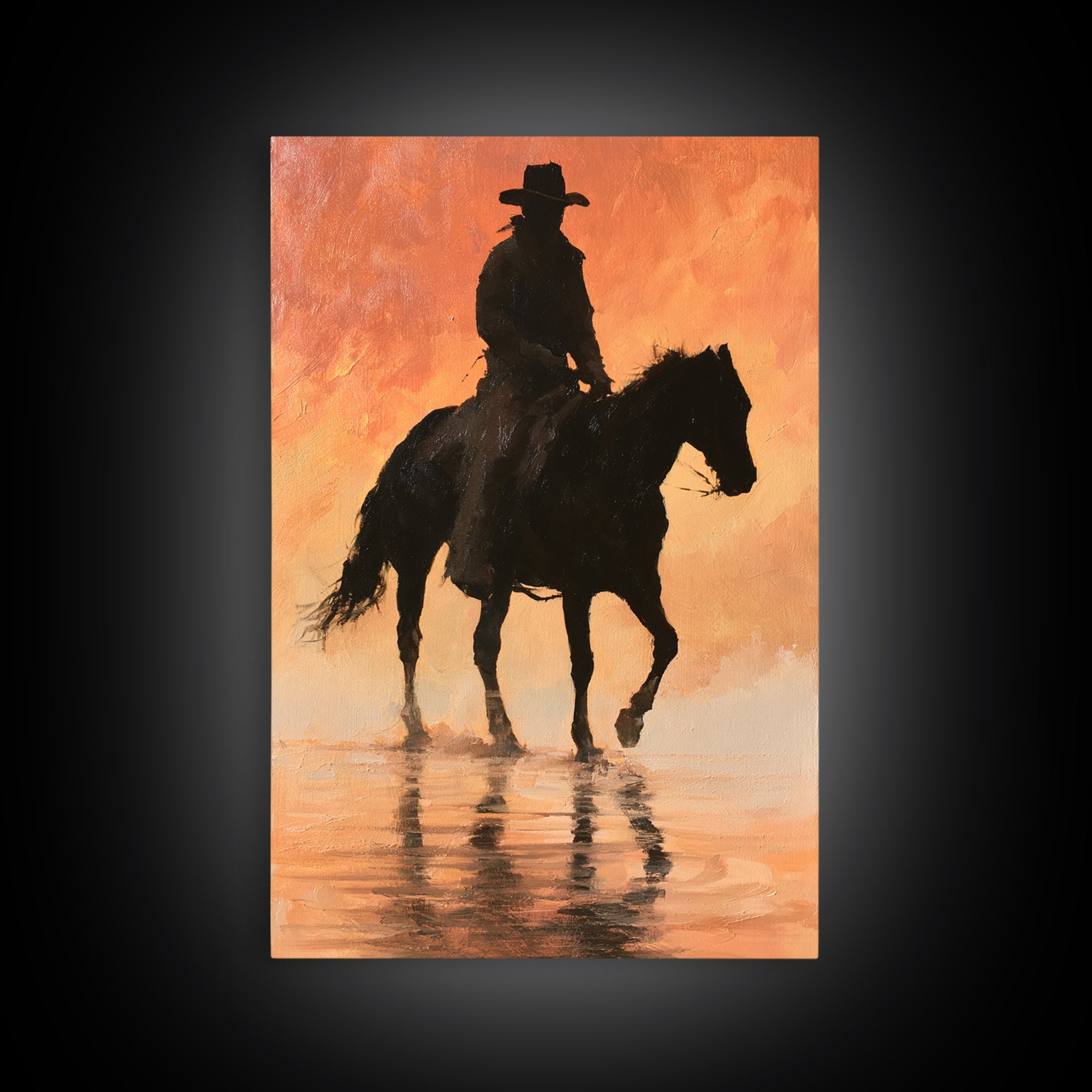 Equestrian Rider Silhouette at Sunrise Canvas Print, Equestrian Art, Antique Oil Painting, Living Room Decor, Abstract Art, EQU-2x3-11