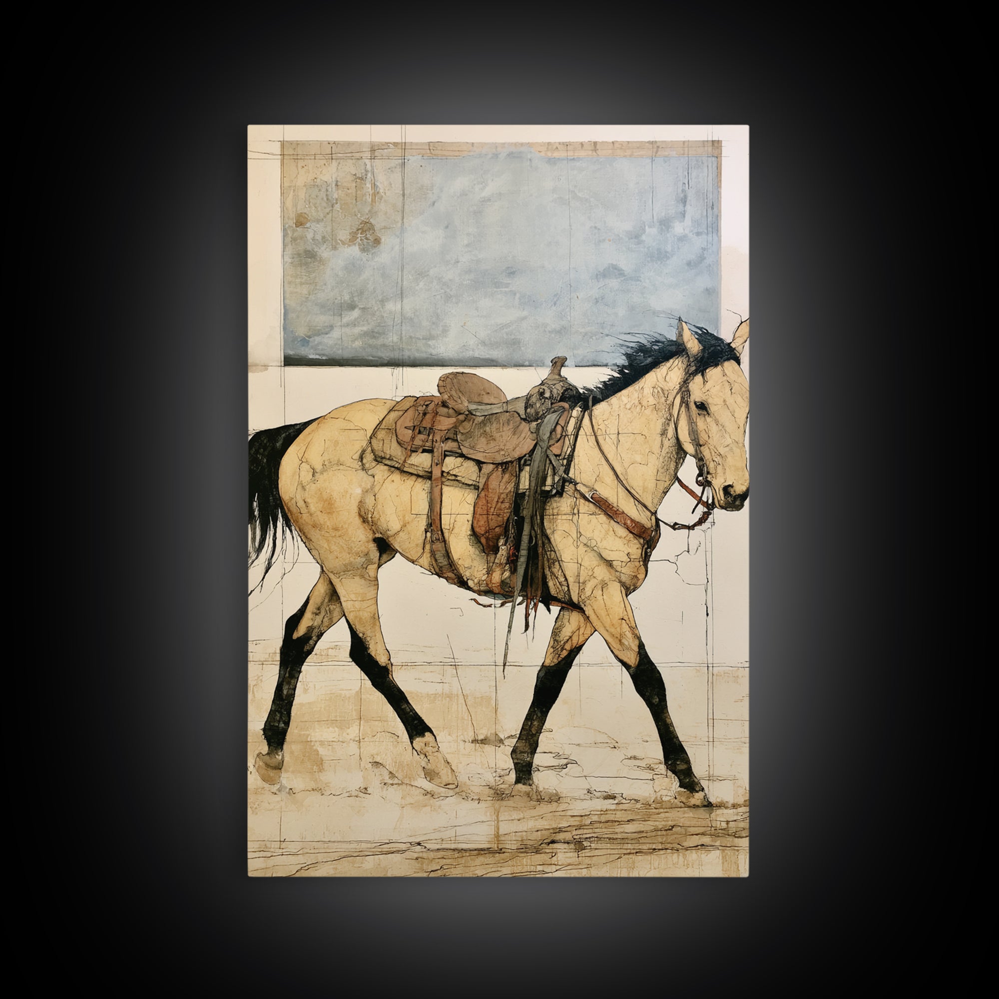 Minimal Horse Contour Drawing on Cream Paper Canvas Print, Equestrian Art, Oil Painting, Living Room Decor, Equestrian, EQU-2x3-45