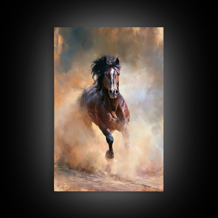 Galloping Horse in Golden Dust and Sunlight Canvas Print, Equestrian Art, Boho Wall Art, Living Room Decor, Oil Painting, EQU-2x3-57
