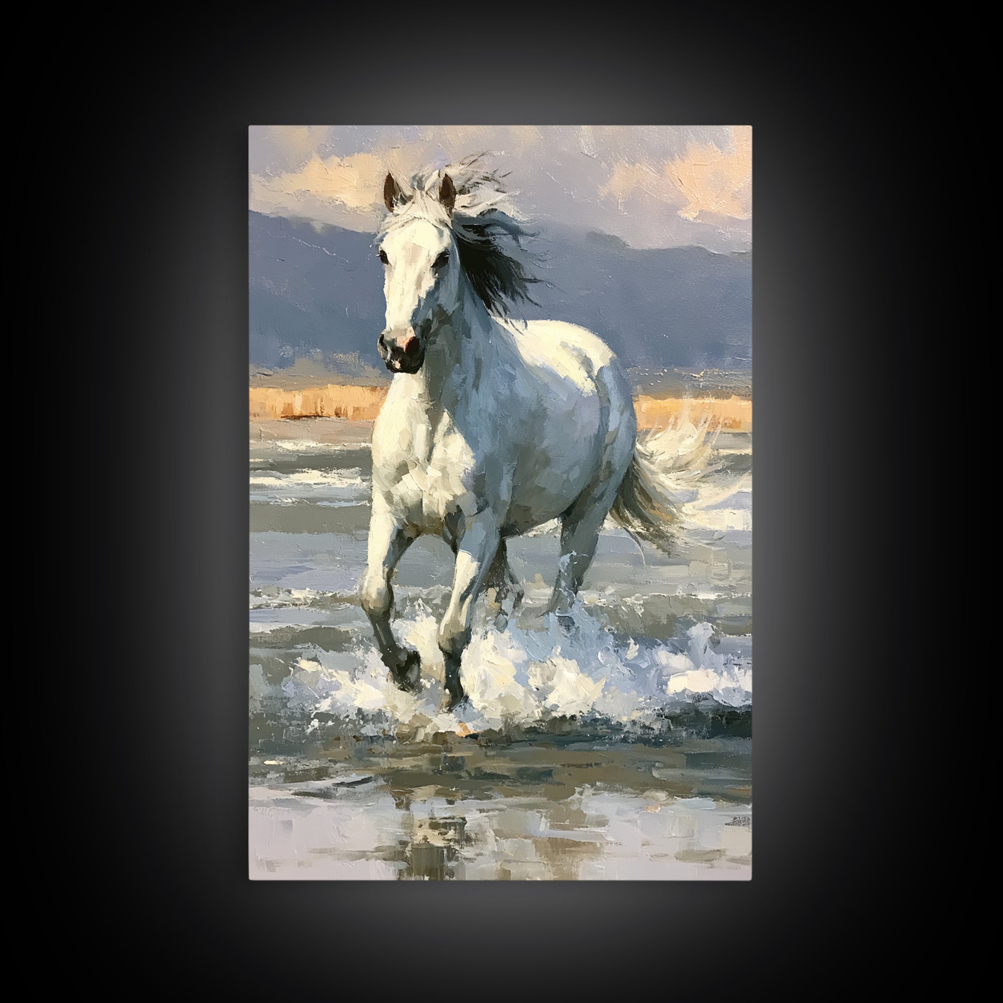 White Horse Running Through Shallow Water Canvas Print, Equestrian Art, Digital Print, Living Room Decor, Fine Art, Equestrian, EQU-2x3-61