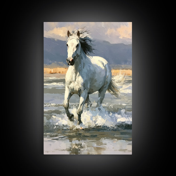 White Horse Running Through Shallow Water Canvas Print, Equestrian Art, Digital Print, Living Room Decor, Fine Art, Equestrian, EQU-2x3-61
