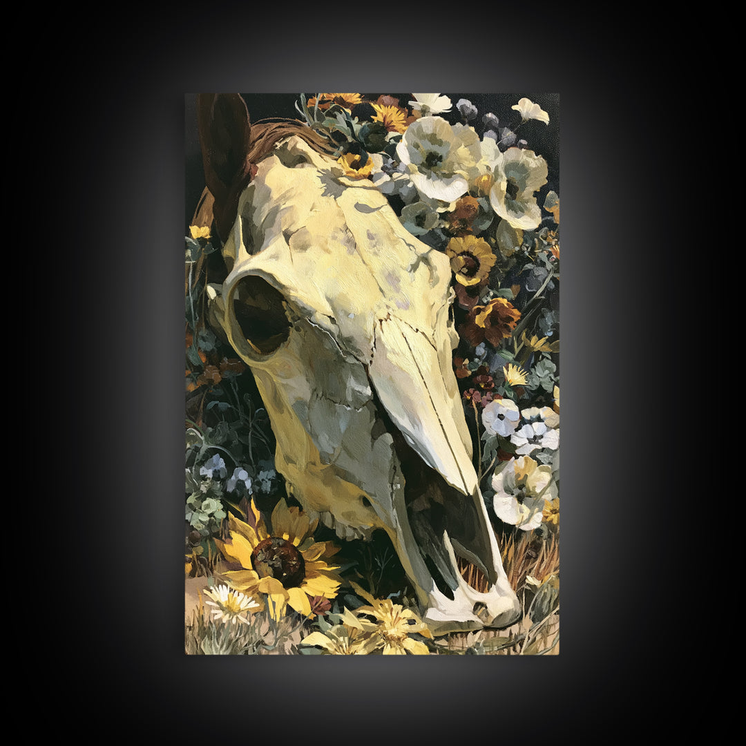 Horse Skull with Desert Flowers in Western Canvas Print, Equestrian Art, Living Room Decor, Equestrian, Farmhouse Wall Art, EQU-2x3-77