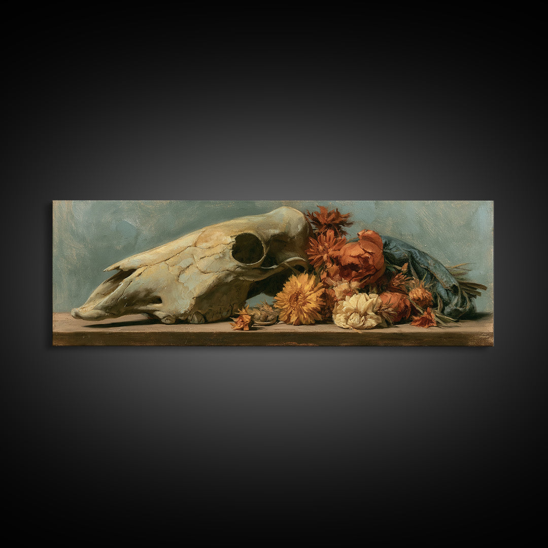 Horse Skull with Desert Flowers in Western Canvas Print, Equestrian Art, Modern Wall Art, Living Room Decor, Equestrian, EQU-3x1-37