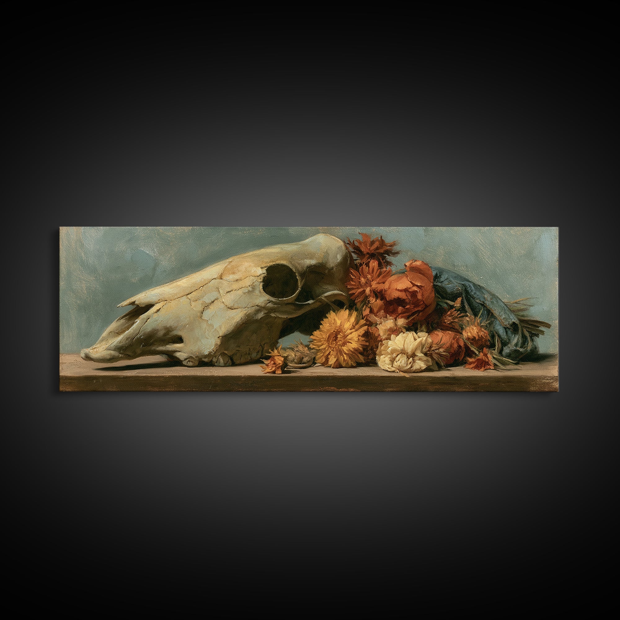 Horse Skull with Desert Flowers in Western Canvas Print, Equestrian Art, Modern Wall Art, Living Room Decor, Equestrian, EQU-3x1-37