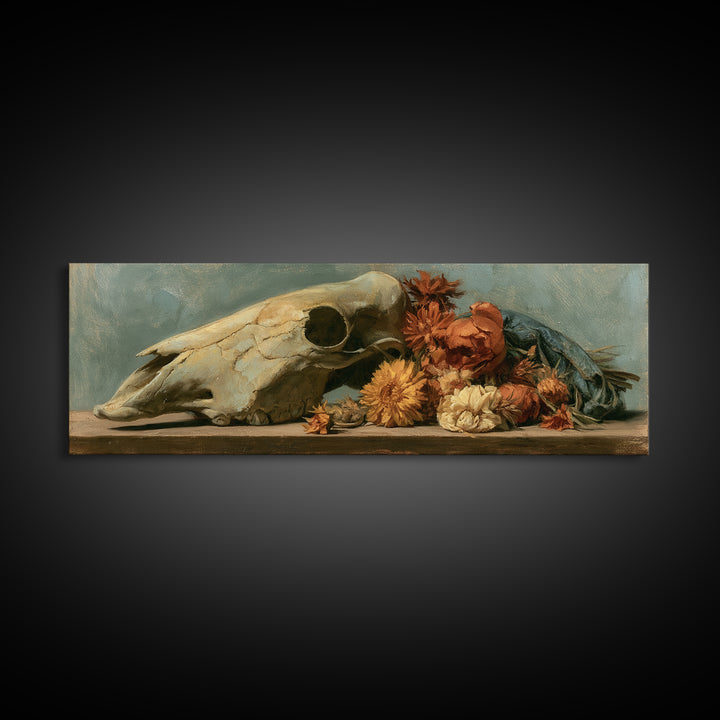 Horse Skull with Desert Flowers in Western Canvas Print, Equestrian Art, Modern Wall Art, Living Room Decor, Equestrian, EQU-3x1-37