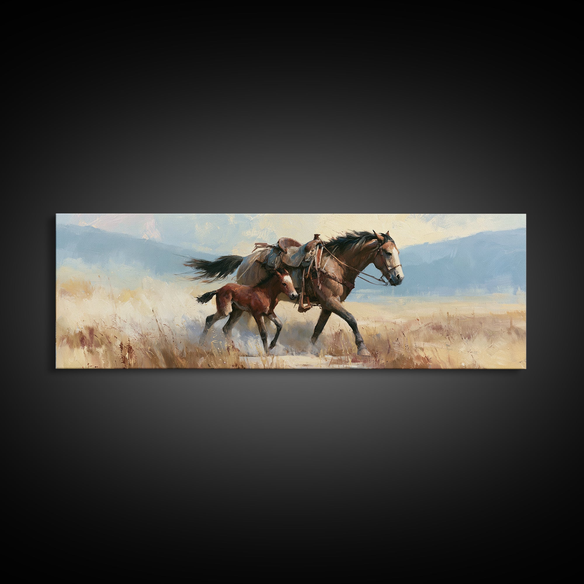 Horse and Foal Canvas Print, Equestrian Art, Green Wall Art, Living Room Decor, Fine Art, Equestrian, Statement Artwork, EQU-3x1-4