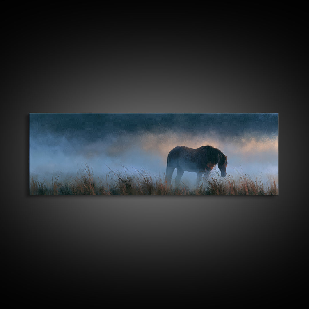 Horse in Misty Pasture with Peaceful Mood Canvas Print, Equestrian Art, Gallery Decor, Living Room Decor, Fine Art, Equestrian, EQU-3x1-40