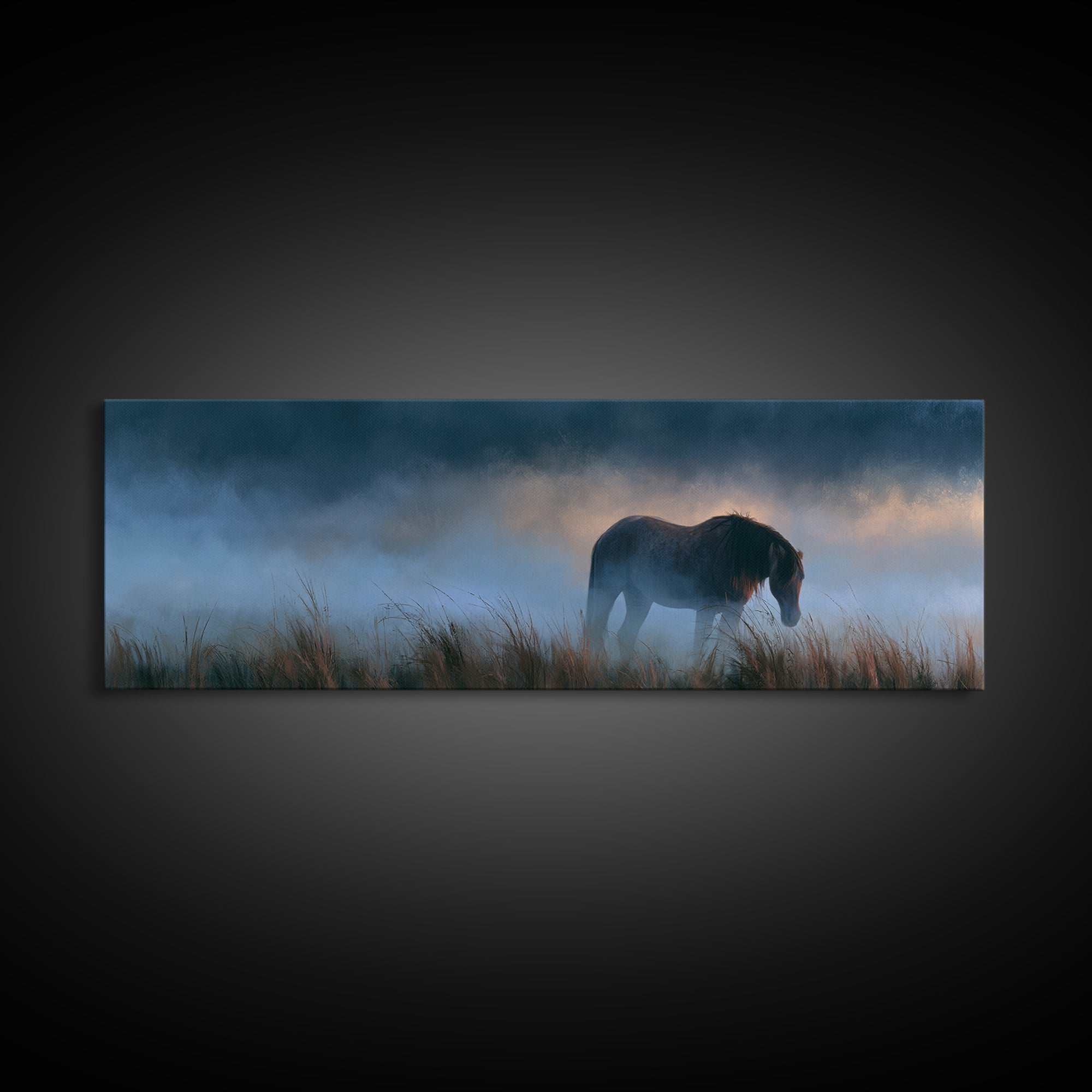 Horse in Misty Pasture with Peaceful Mood Canvas Print, Equestrian Art, Gallery Decor, Living Room Decor, Fine Art, Equestrian, EQU-3x1-40
