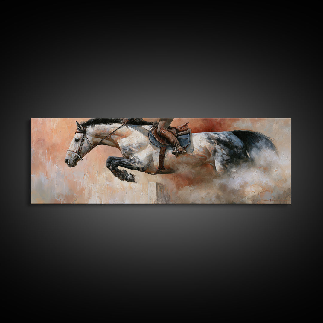 Show Jumping Horse Mid Leap Framed Canvas Print, Equestrian Art, Wall Decor, Living Room Decor, Oil Painting, Equestrian, EQU-3x1-47