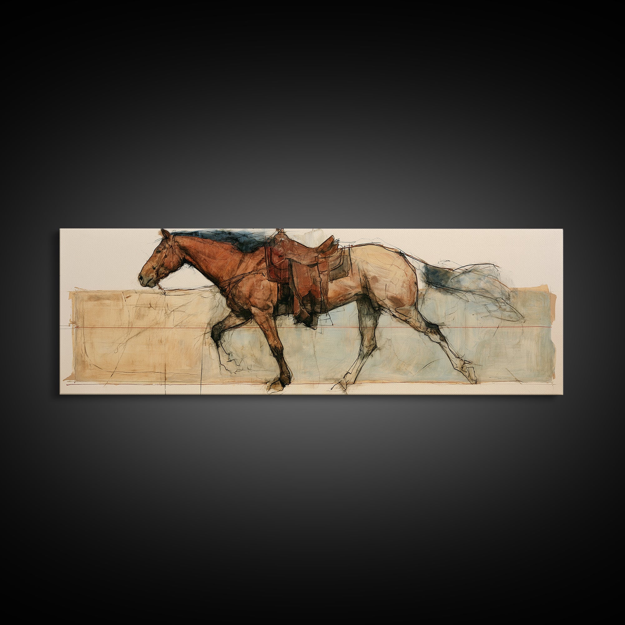 Minimal Horse Contour Drawing on Cream Paper Canvas Print, Equestrian Art, Digital Print, Living Room Decor, Equestrian, EQU-3x1-5