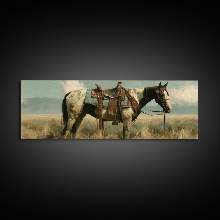 Arabian Horse with Ornate Tack and Silk Framed Canvas Print, Equestrian Art, Contemporary Art, Living Room Decor, Equestrian, EQU-3x1-55