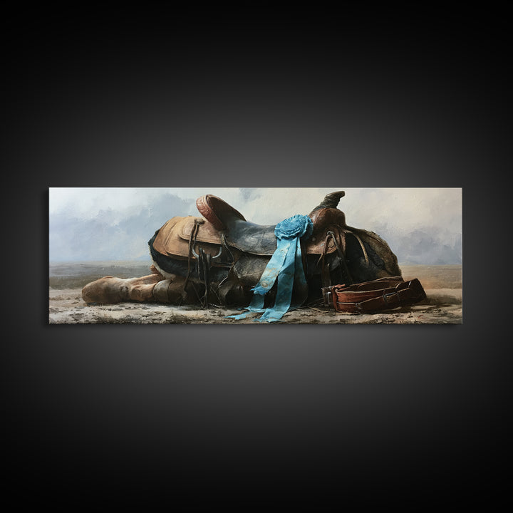 Blue Ribbon and Saddle Competition Still Life Canvas Print, Equestrian Art, Moody Wall Art, Living Room Decor, Equestrian, EQU-3x1-57