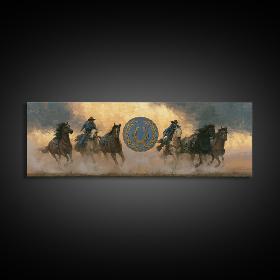 Equestrian Crest with Laurel and Horseshoe Canvas Print, Equestrian Art, Gallery Decor, Living Room Decor, Oil Painting, EQU-3x1-62