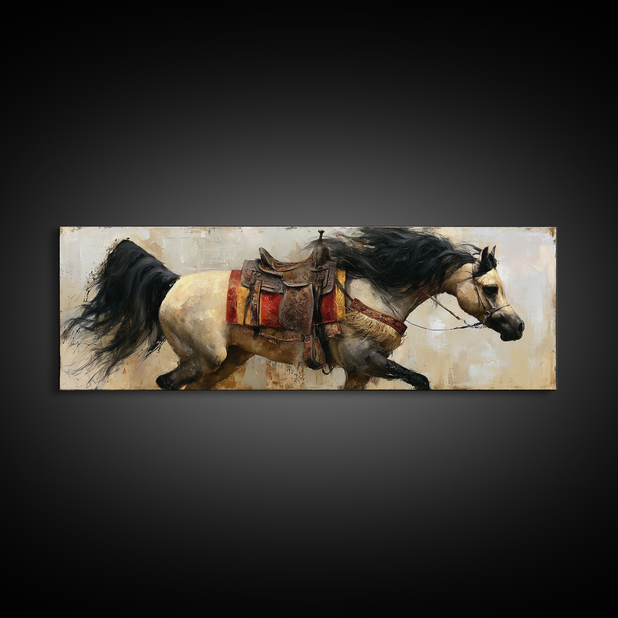 Arabian Horse with Ornate Tack and Silk Framed Canvas Print, Equestrian Art, Neutral Decor, Living Room Decor, Equestrian, EQU-3x1-7