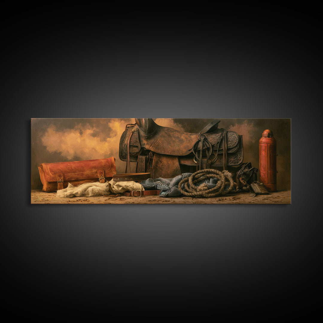Stable Tools Arranged Like Old Master Still Framed Canvas Print, Equestrian Art, Large Wall Art, Living Room Decor, Equestrian, EQU-3x1-87