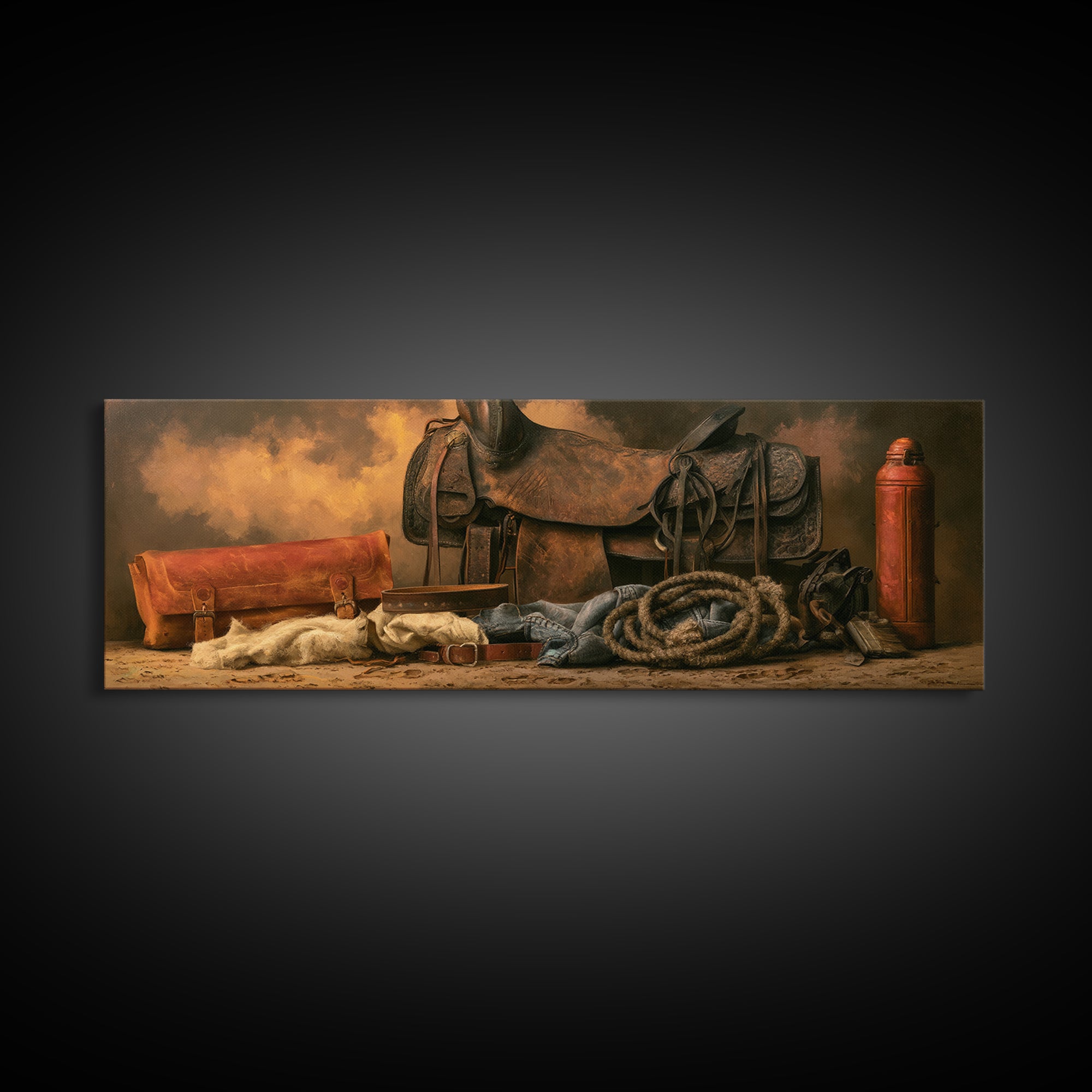 Stable Tools Arranged Like Old Master Still Framed Canvas Print, Equestrian Art, Large Wall Art, Living Room Decor, Equestrian, EQU-3x1-87