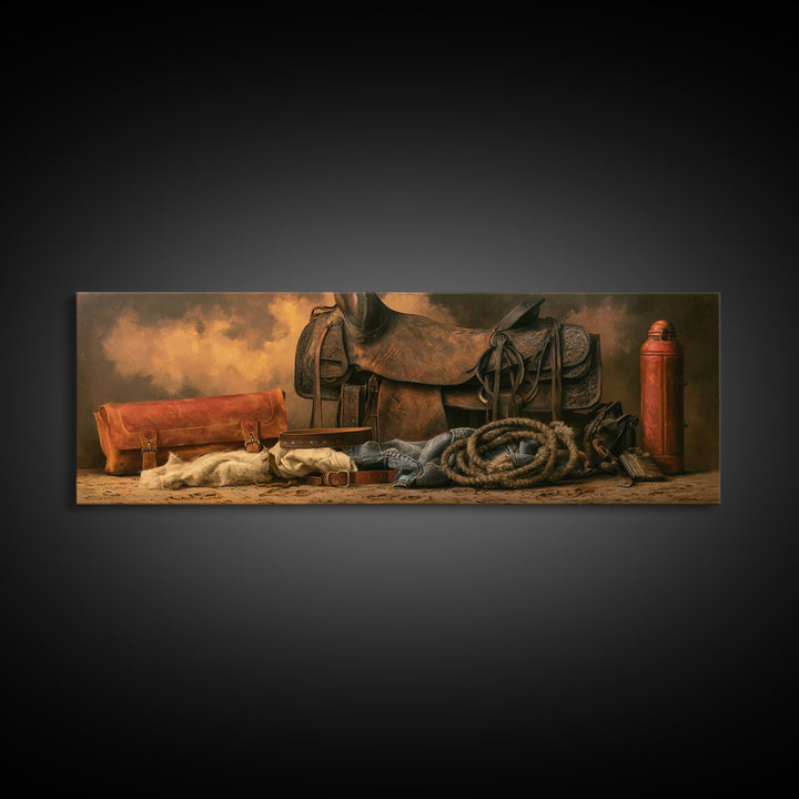 Stable Tools Arranged Like Old Master Still Framed Canvas Print, Equestrian Art, Large Wall Art, Living Room Decor, Equestrian, EQU-3x1-87