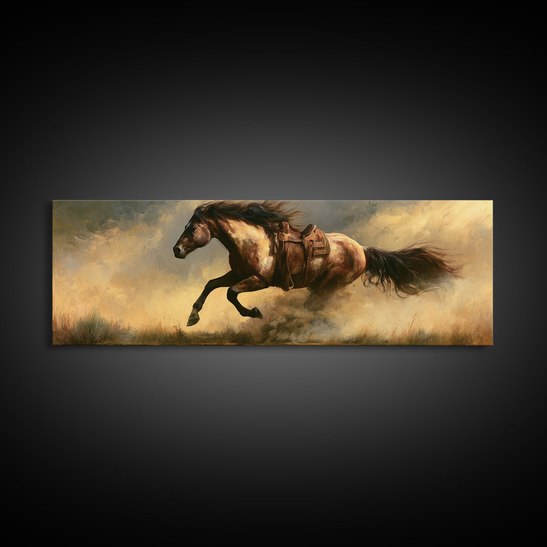 Galloping Horse in Golden Dust and Sunlight Canvas Print, Equestrian Art, Western Art, Living Room Decor, Equestrian, EQU-3x1-89