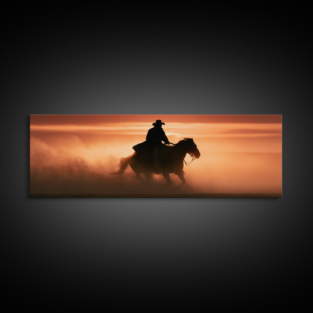 Equestrian Rider Silhouette at Sunrise Canvas Print, Equestrian Art, Room Decor, Living Room Decor, Fine Art, Equestrian, EQU-3x1-91