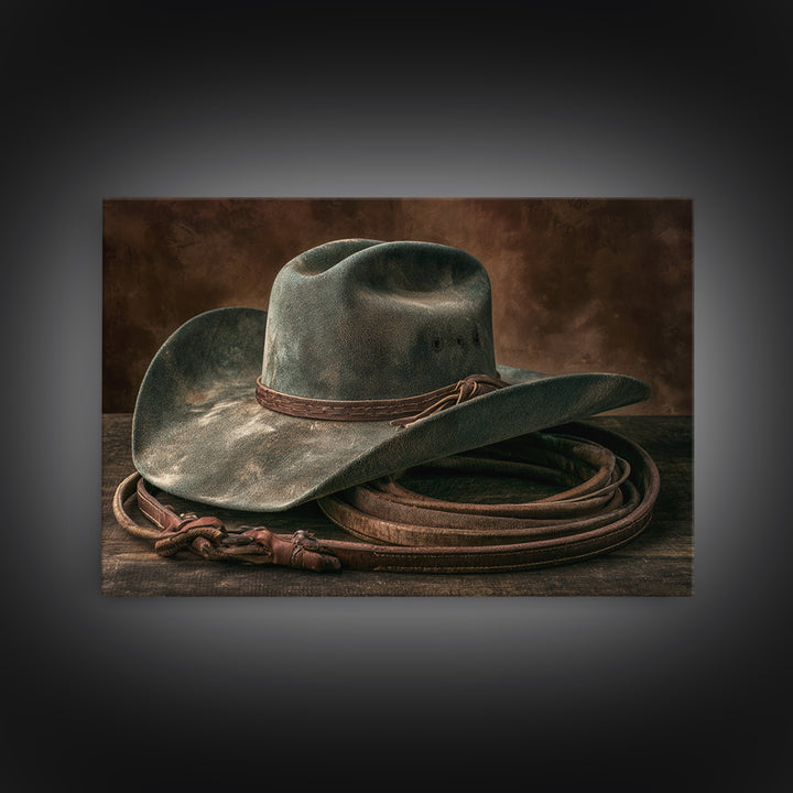 Cowgirl Hat and Reins Still Life Framed Canvas Print, Equestrian Art, Digital Print, Living Room Decor, Fine Art, Equestrian, EQU-3x2-15