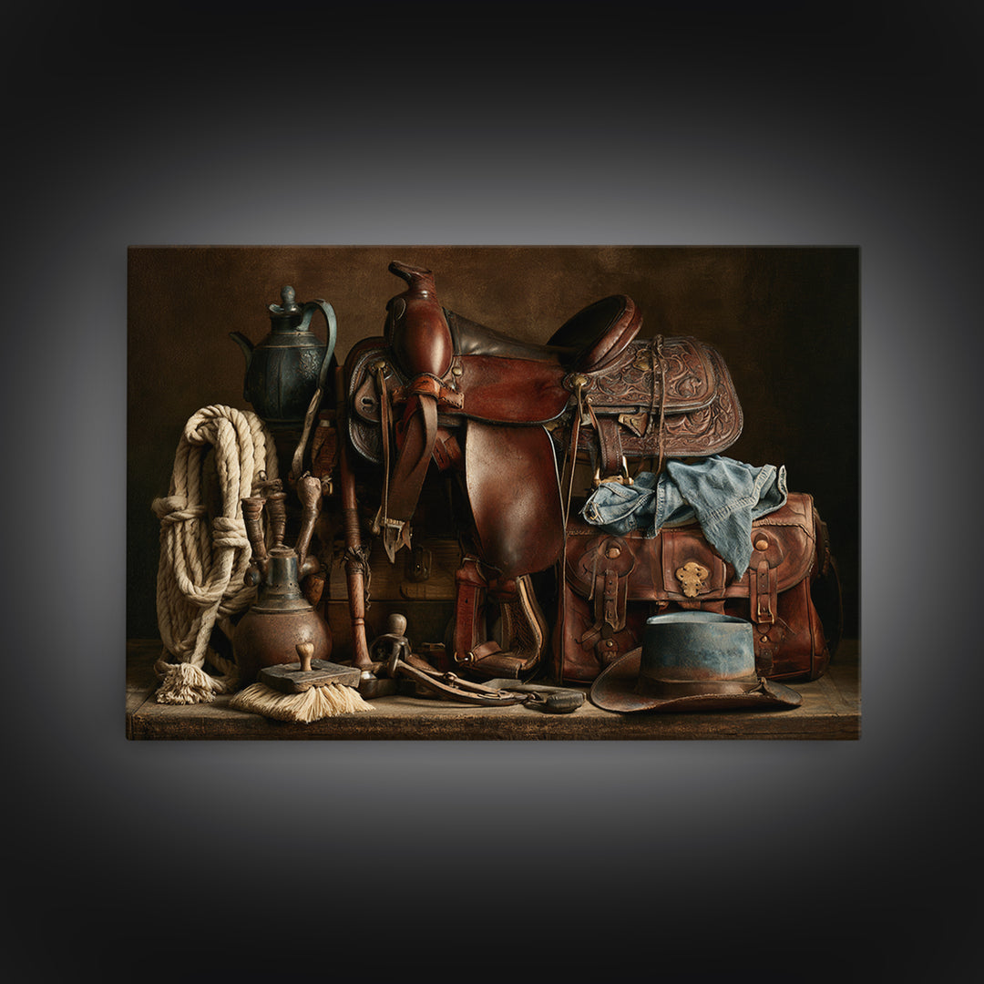 Stable Tools Arranged Like Old Master Still Canvas Print, Equestrian Art, Boho Wall Art, Living Room Decor, Equestrian, EQU-3x2-3