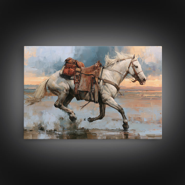 White Horse Running Through Shallow Water Canvas Print, Equestrian Art, Cabin Decor, Living Room Decor, Fine Art, Equestrian, EQU-3x2-33