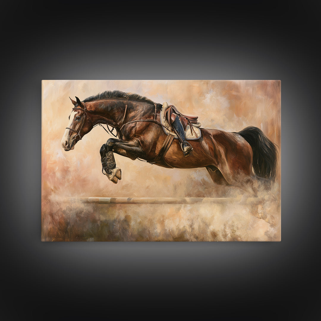 Show Jumping Horse Mid Leap Framed Canvas Print, Equestrian Art, Gallery Wall Art, Living Room Decor, Fine Art, Equestrian, EQU-3x2-35