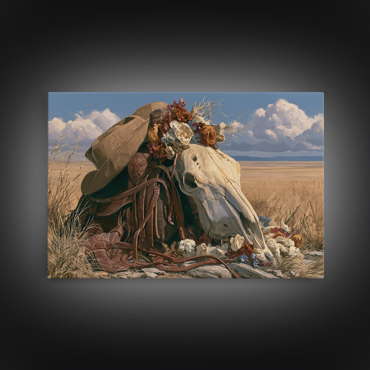 Horse Skull with Desert Flowers in Western Canvas Print, Equestrian Art, French Country Decor, Living Room Decor, Equestrian, EQU-3x2-49