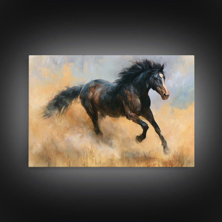 Galloping Horse in Golden Dust and Sunlight Canvas Print, Equestrian Art, Abstract Painting, Living Room Decor, Equestrian, EQU-3x2-5