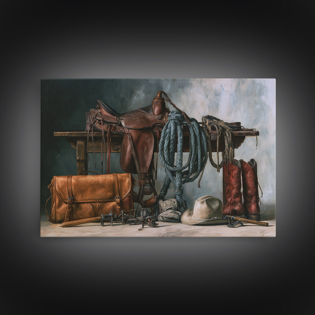 Stable Tools Arranged Like Old Master Still Canvas Print, Equestrian Art, Farmhouse Wall Art, Living Room Decor, Equestrian, EQU-3x2-51